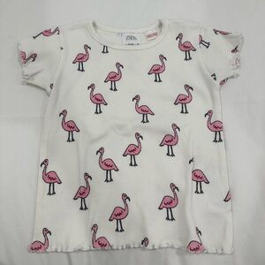 Zara white pink toddler girl flamingo ribbed soft top short sleeve 18-24m
